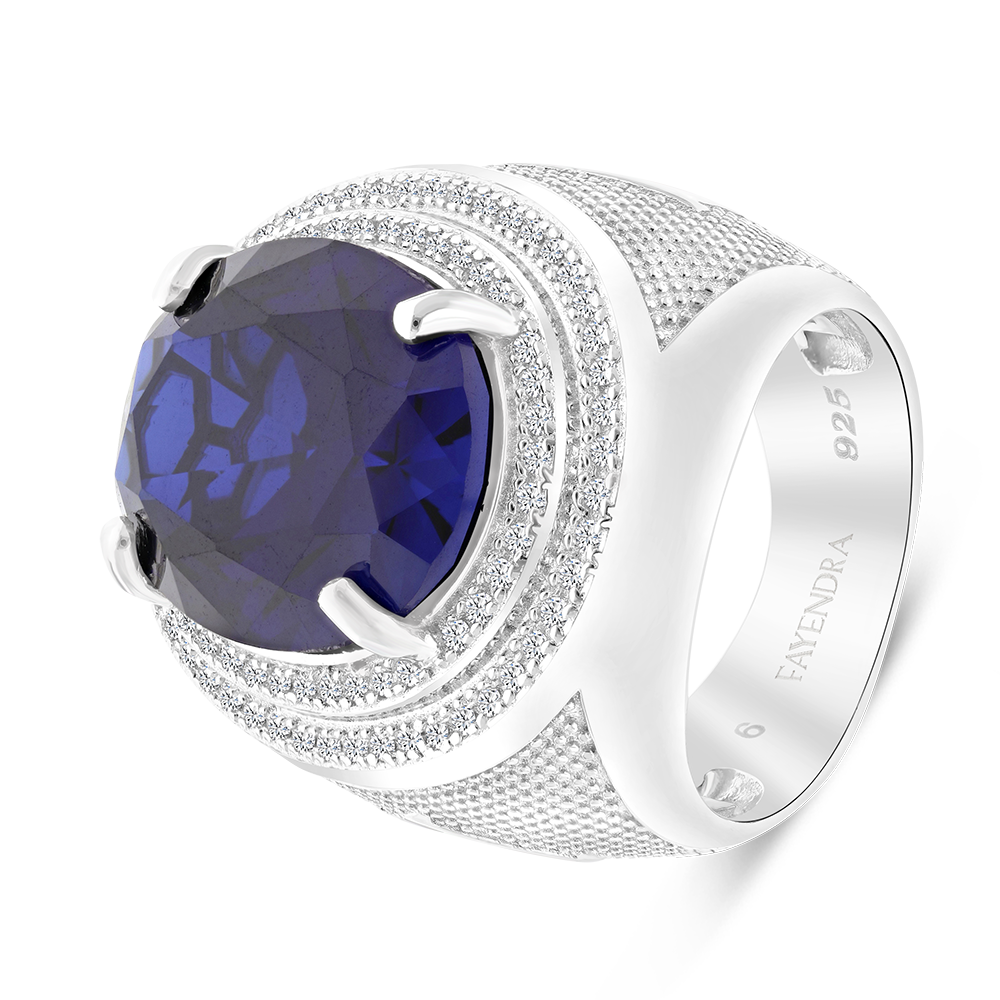 Sterling Silver 925 Ring Rhodium Plated Embedded With Sapphire Corundum For Men And White CZ
