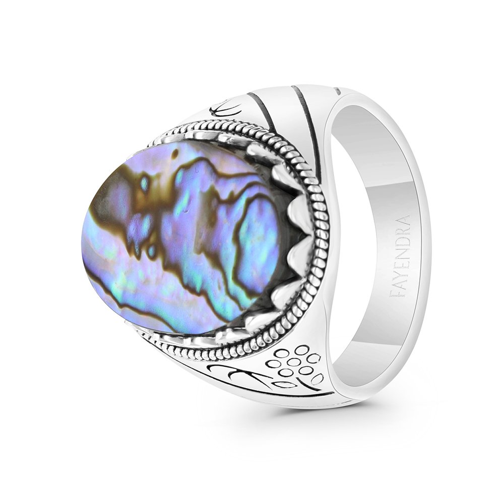 Sterling Silver 925 Ring Rhodium And Black Plated Embedded With Blue shell For Men 