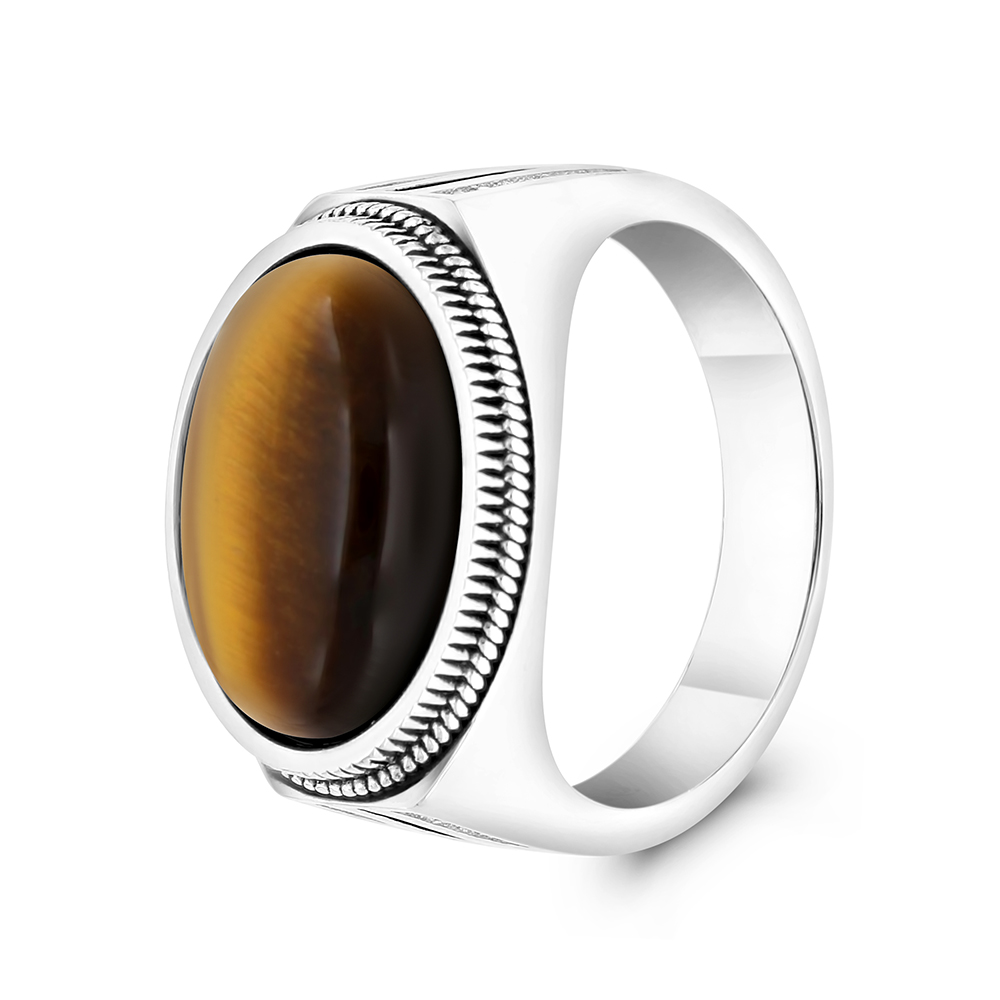 Sterling Silver 925 Ring Rhodium And Black Plated Embedded With Yellow Tiger Eye For Men And White CZ