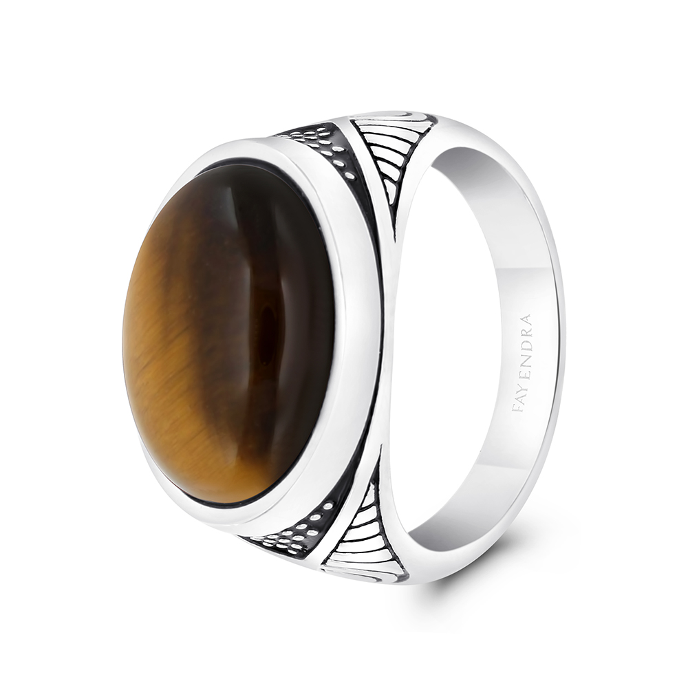 Sterling Silver 925 Ring Rhodium And Black Plated Embedded With Yellow Tiger Eye For Men