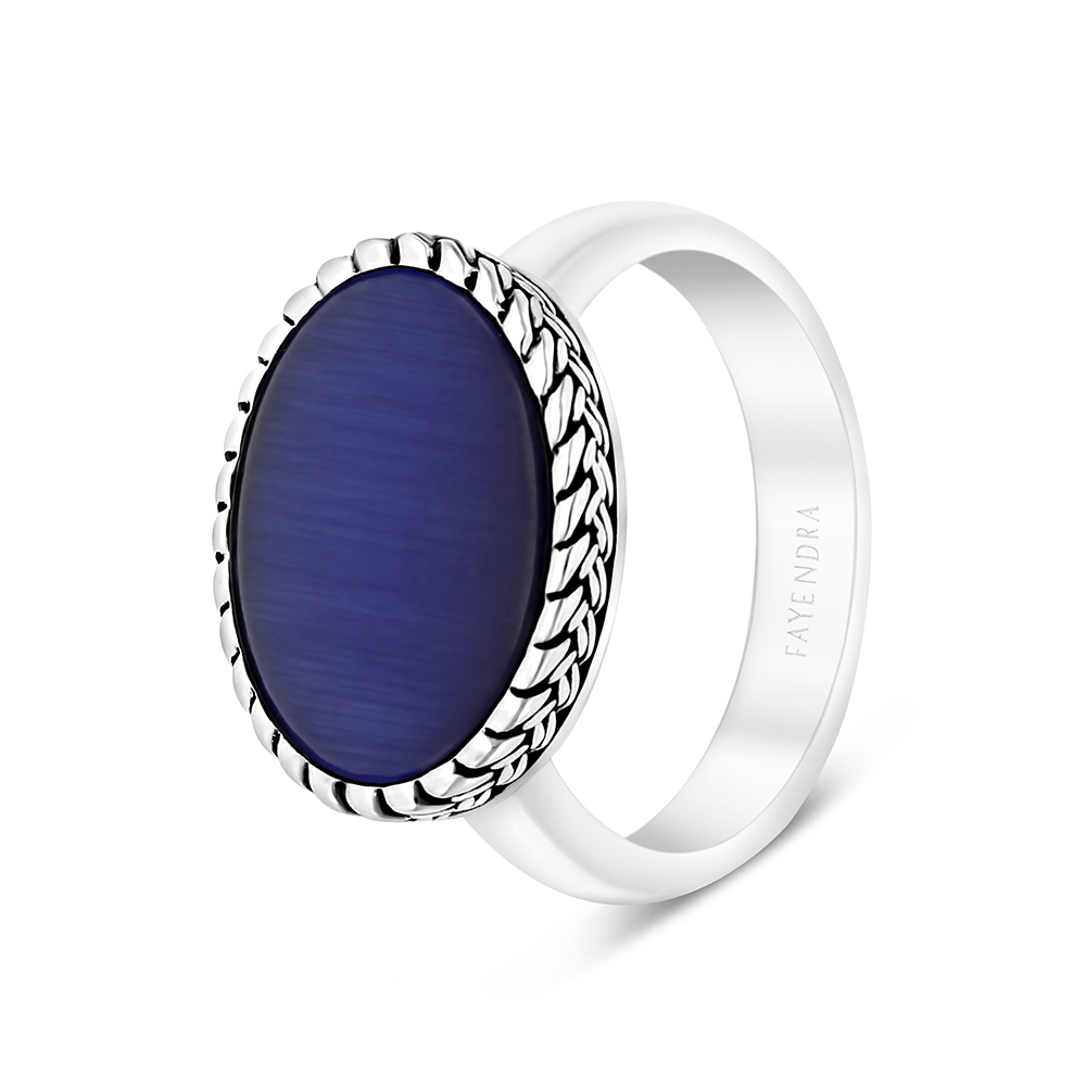 Sterling Silver 925 Ring Rhodium And Black Plated Embedded With Blue Tiger Eye For Men