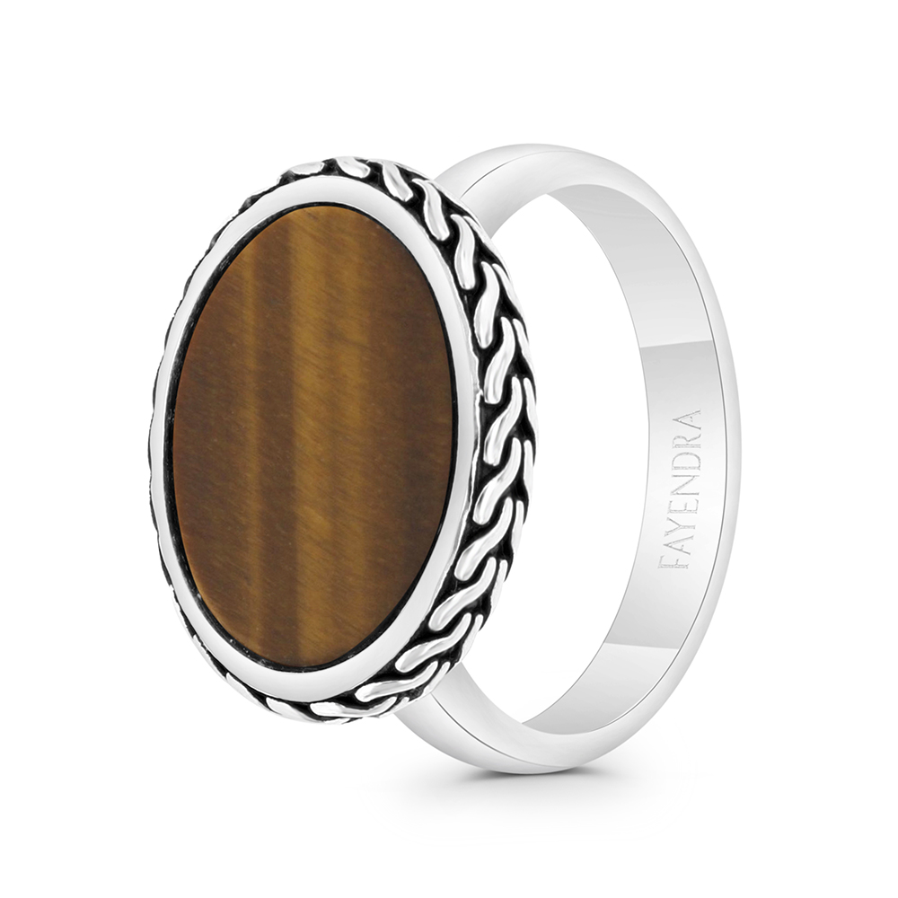 Sterling Silver 925 Ring Rhodium And Black Plated Embedded With Yellow Tiger Eye For Men