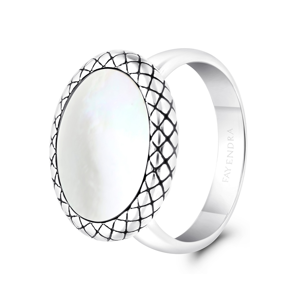 Sterling Silver 925 Ring Rhodium And Black Plated Embedded With White Shell  For Men
