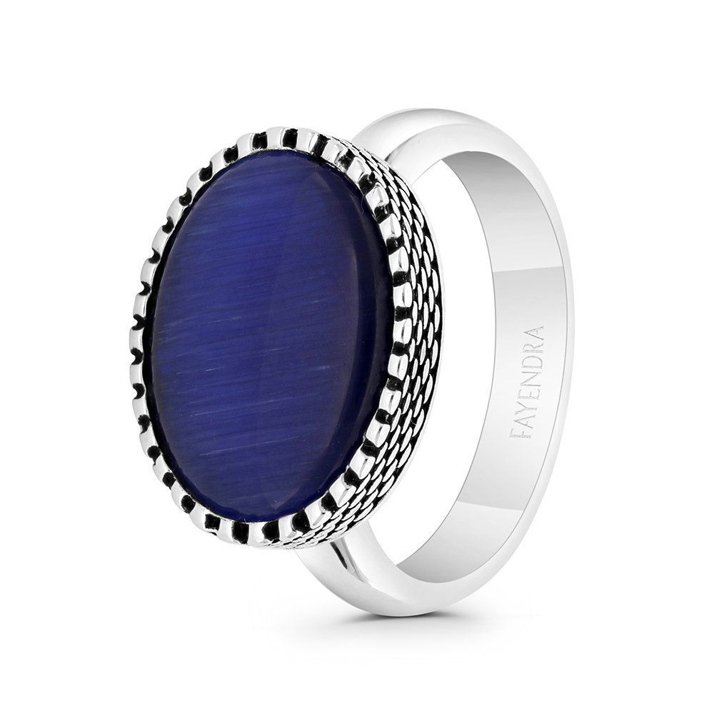 Sterling Silver 925 Ring Rhodium And Black Plated Embedded With Blue Tiger Eye For Men 