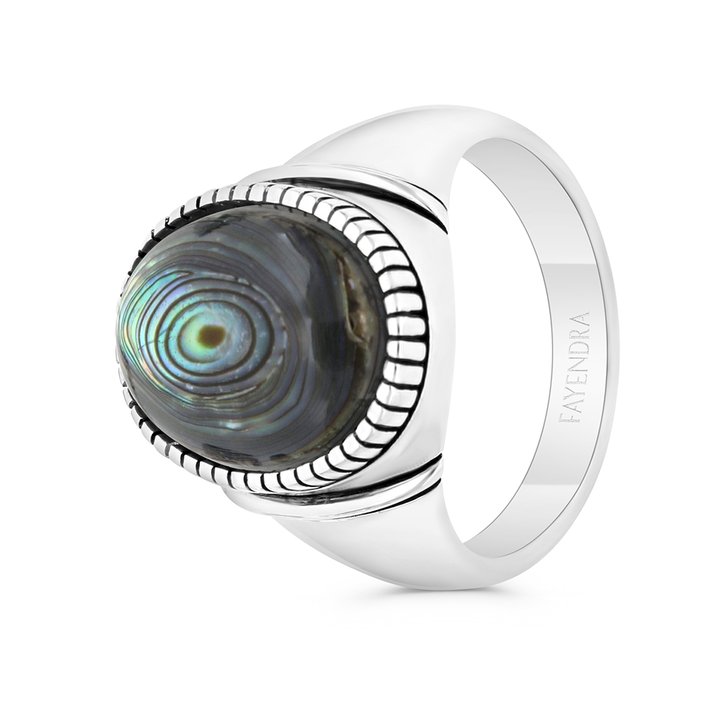 Sterling Silver 925 Ring Rhodium And Black Plated Embedded With Blue shell For Men 