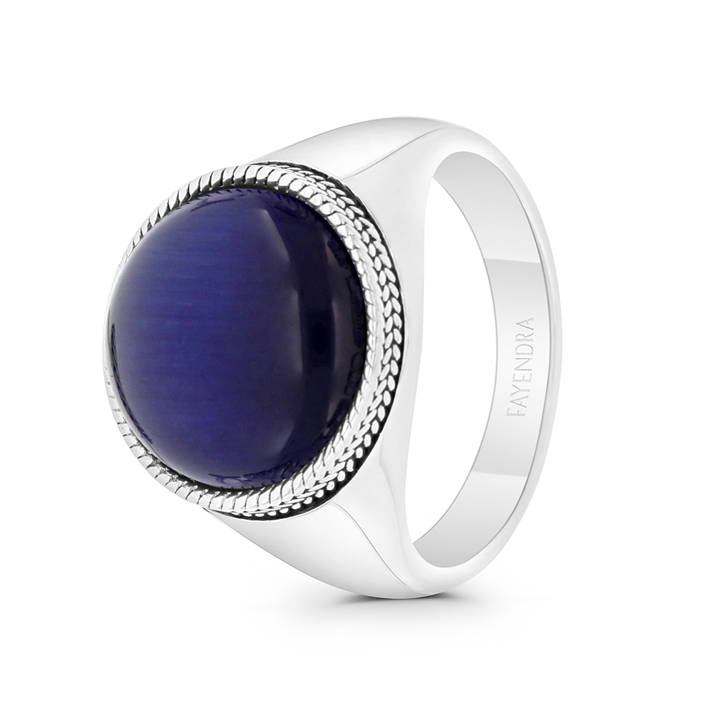 Sterling Silver 925 Ring Rhodium And Black Plated Embedded With Blue Tiger Eye For Men