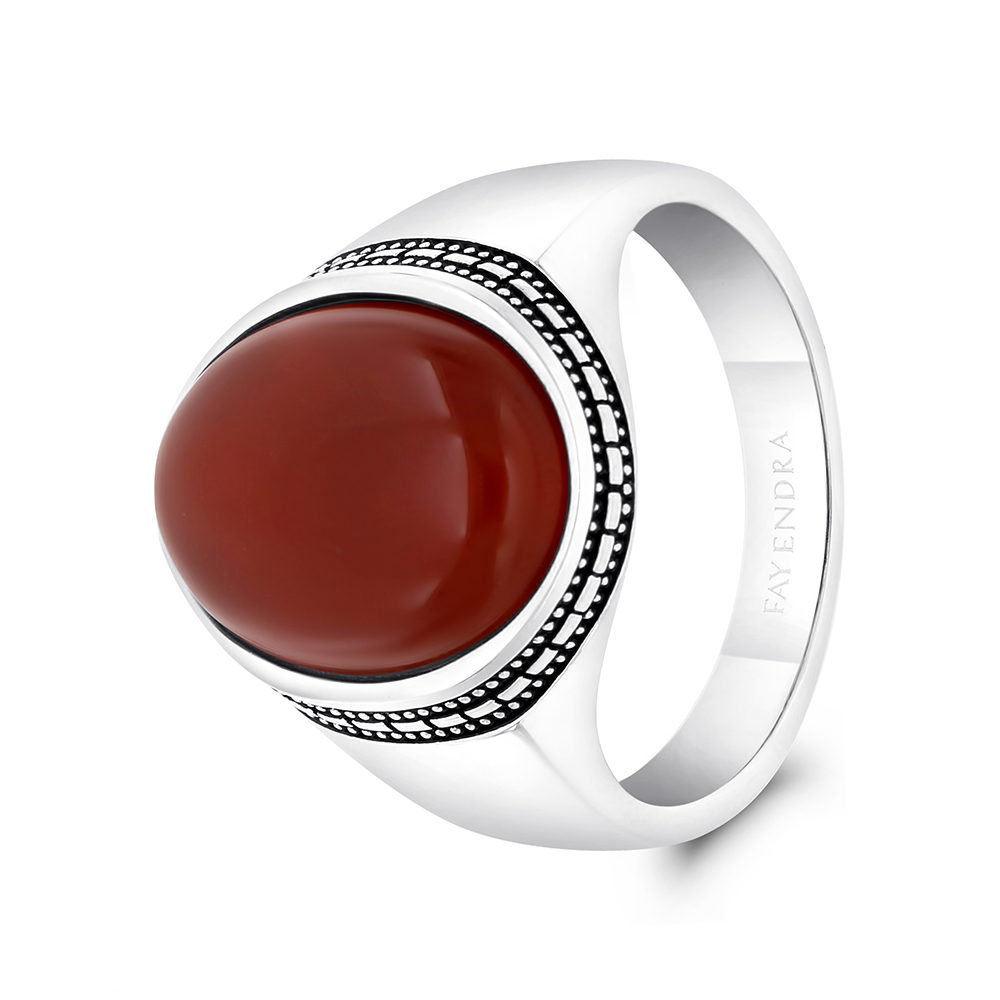 Sterling Silver 925 Ring Rhodium And Black Plated Embedded With Red Natural Aqiq For Men