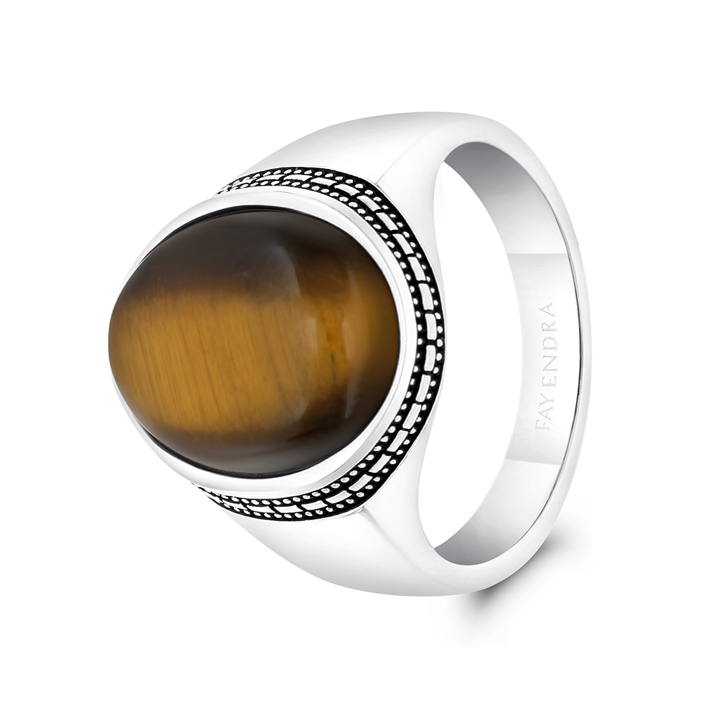 Sterling Silver 925 Ring Rhodium And Black Plated Embedded With Yellow Tiger Eye For Men