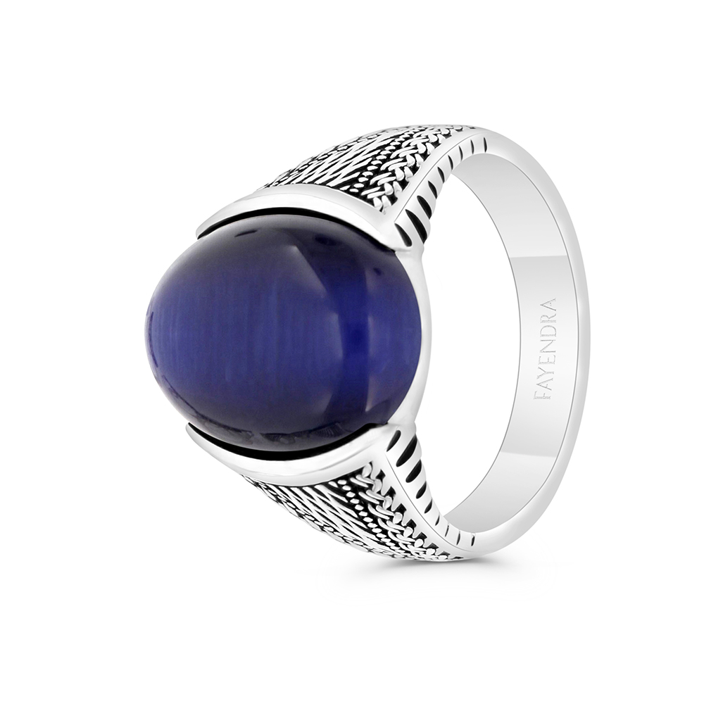 Sterling Silver 925 Ring Rhodium And Black Plated Embedded With Blue Tiger Eye For Men