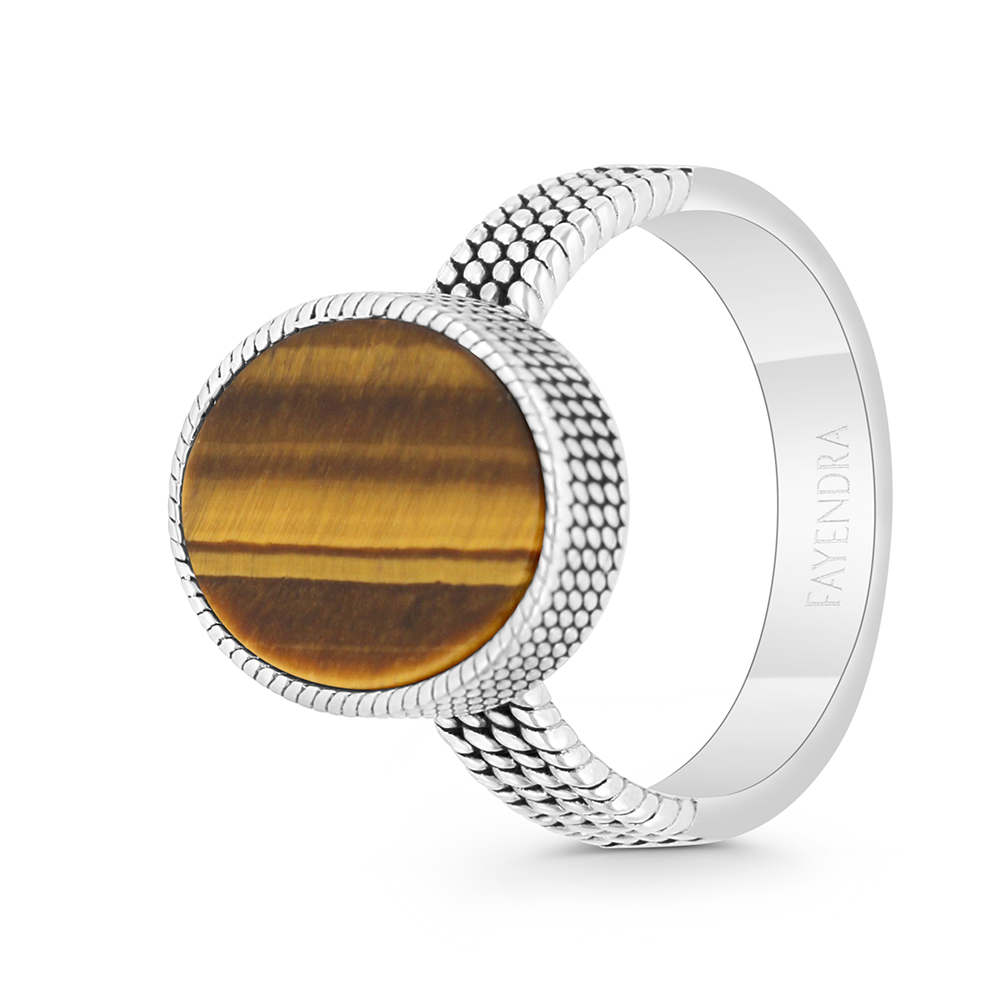 Sterling Silver 925 Ring Rhodium And Black Plated Embedded With Yellow Tiger Eye For Men