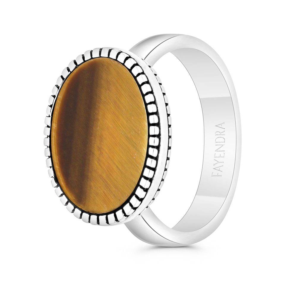 Sterling Silver 925 Ring Rhodium And Black Plated Embedded With Yellow Tiger Eye For Men