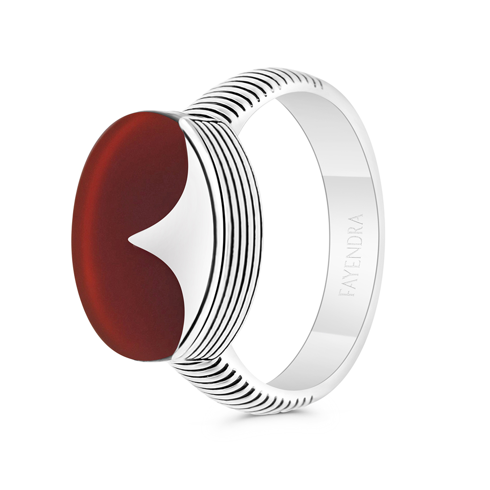 Sterling Silver 925 Ring Rhodium And Black Plated Embedded With Red Natural Aqiq For Men