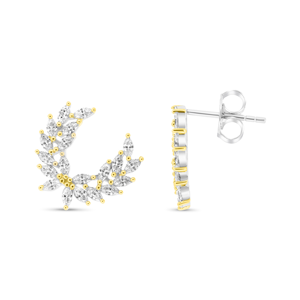 Sterling Silver 925 Earring Rhodium And Gold Plated Embedded With White CZ