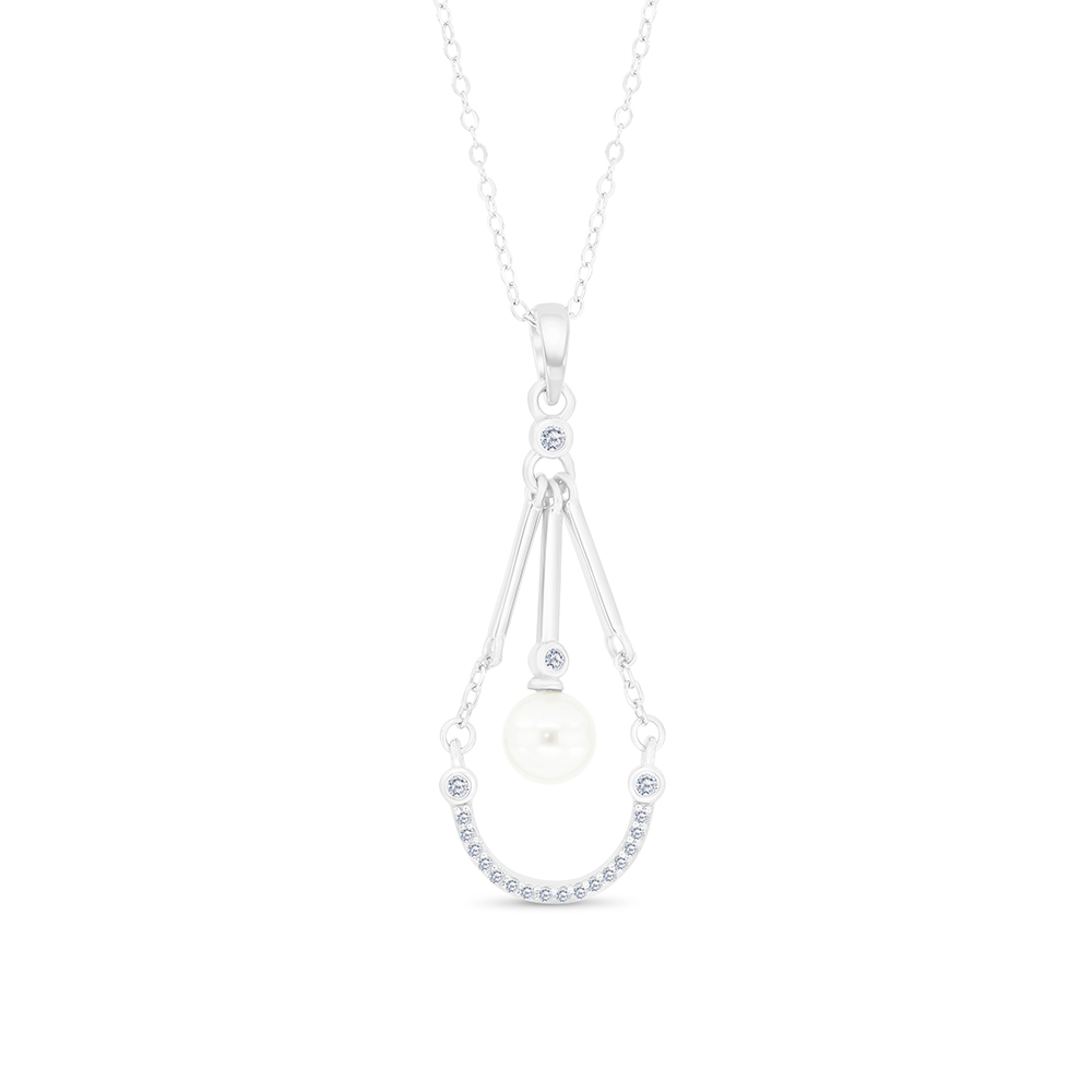 Sterling Silver 925 Necklace Rhodium Plated Embedded With White Shell Pearl And White CZ