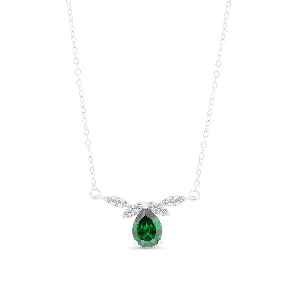 Sterling Silver 925 Necklace Rhodium Plated Embedded With Emerald Zircon And White CZ
