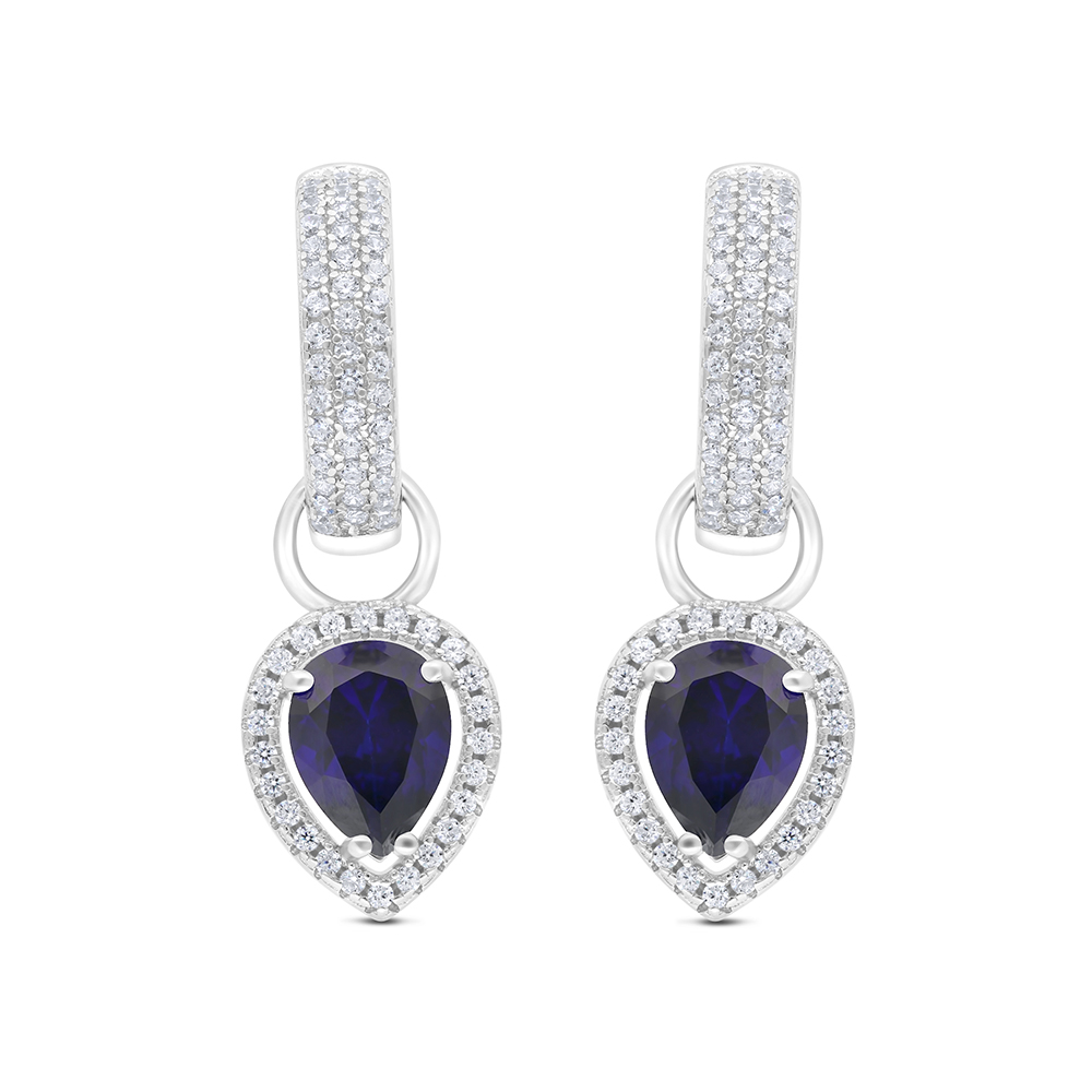 Sterling Silver 925 Earring Rhodium Plated Embedded With Sapphire Corundum And White CZ