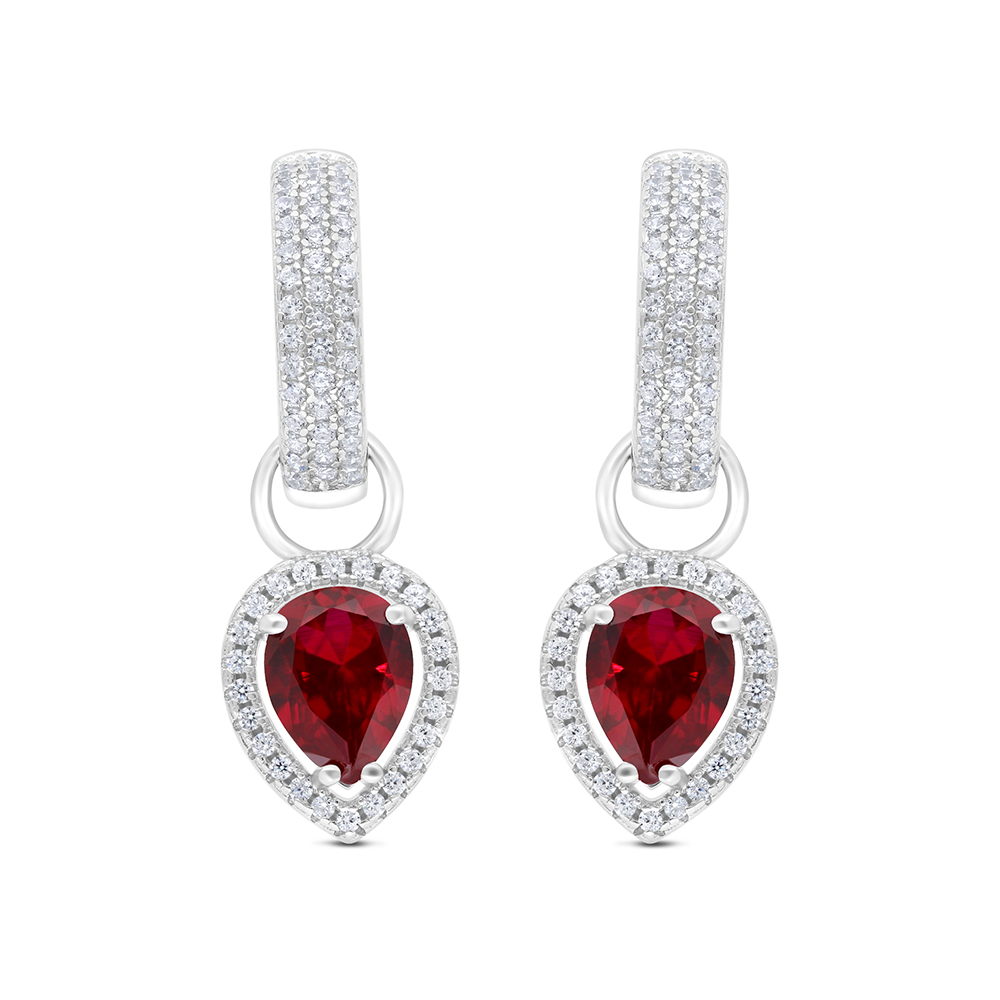 Sterling Silver 925 Earring Rhodium Plated Embedded With Ruby Corundum And White CZ