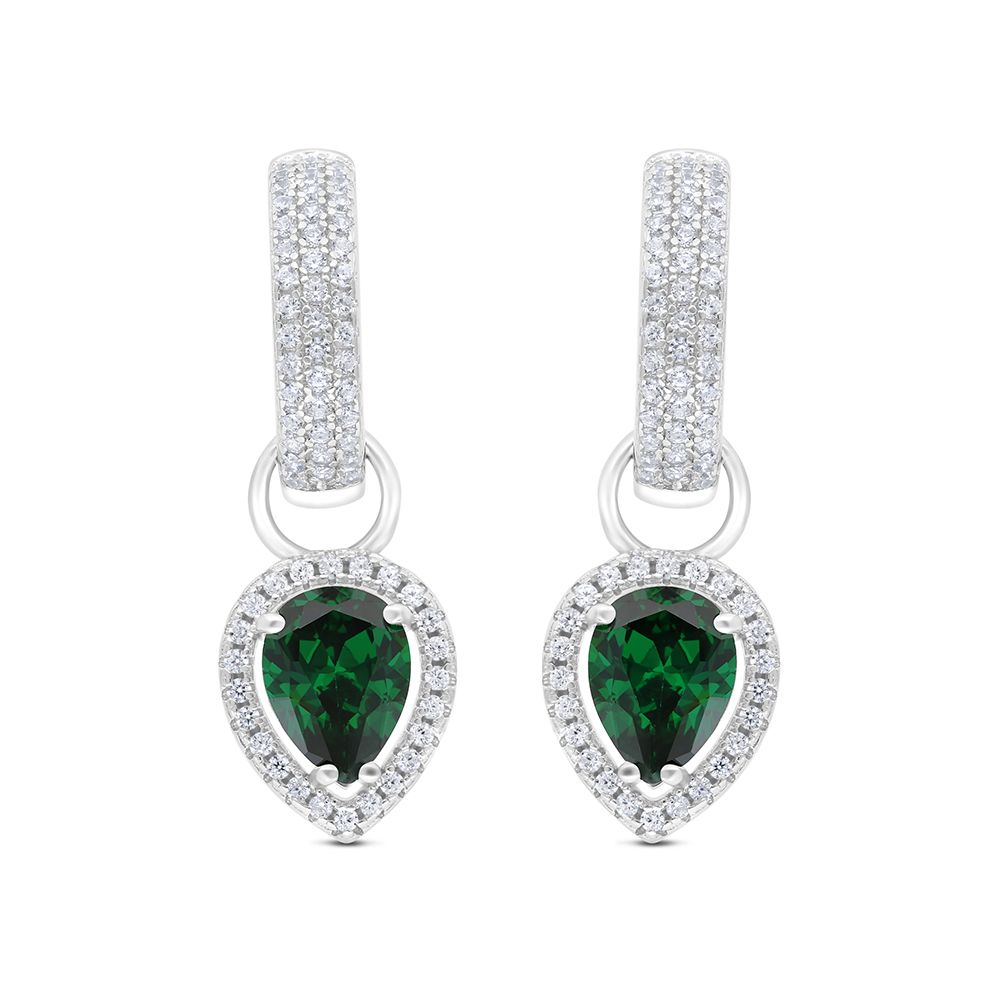 Sterling Silver 925 Earring Rhodium Plated Embedded With Emerald Zircon And White CZ