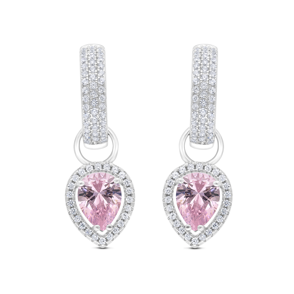 Sterling Silver 925 Earring Rhodium Plated Embedded With Pink Zircon And White CZ