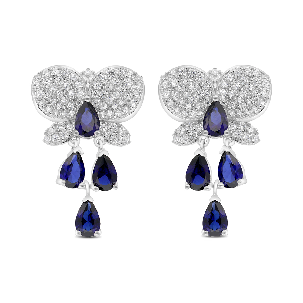 Sterling Silver 925 Earring Rhodium Plated Embedded With Sapphire Corundum And White CZ