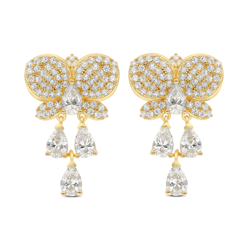 Sterling Silver 925 Earring Gold Plated Embedded With Yellow Zircon And White CZ