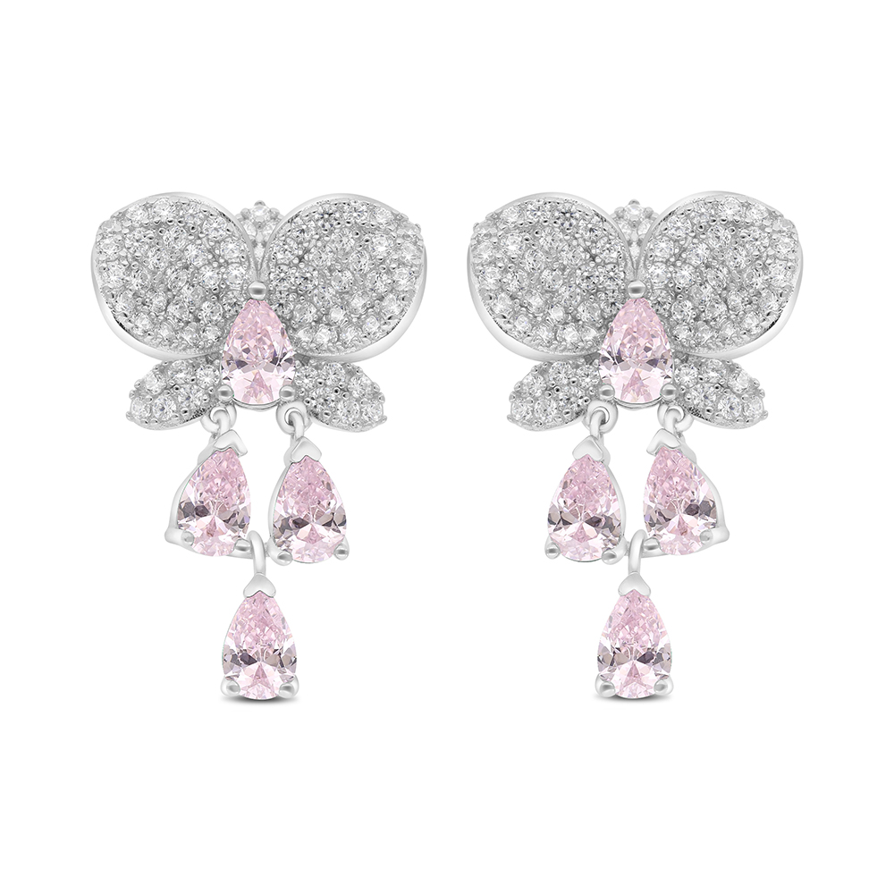 Sterling Silver 925 Earring Rhodium Plated Embedded With Pink Zircon And White CZ