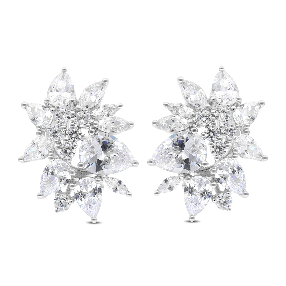 Sterling Silver 925 Earring Rhodium Plated Embedded With White CZ