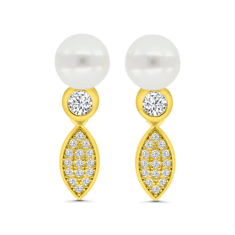 Sterling Silver 925 Earring Gold Plated Embedded With White Shell Pearl And White CZ