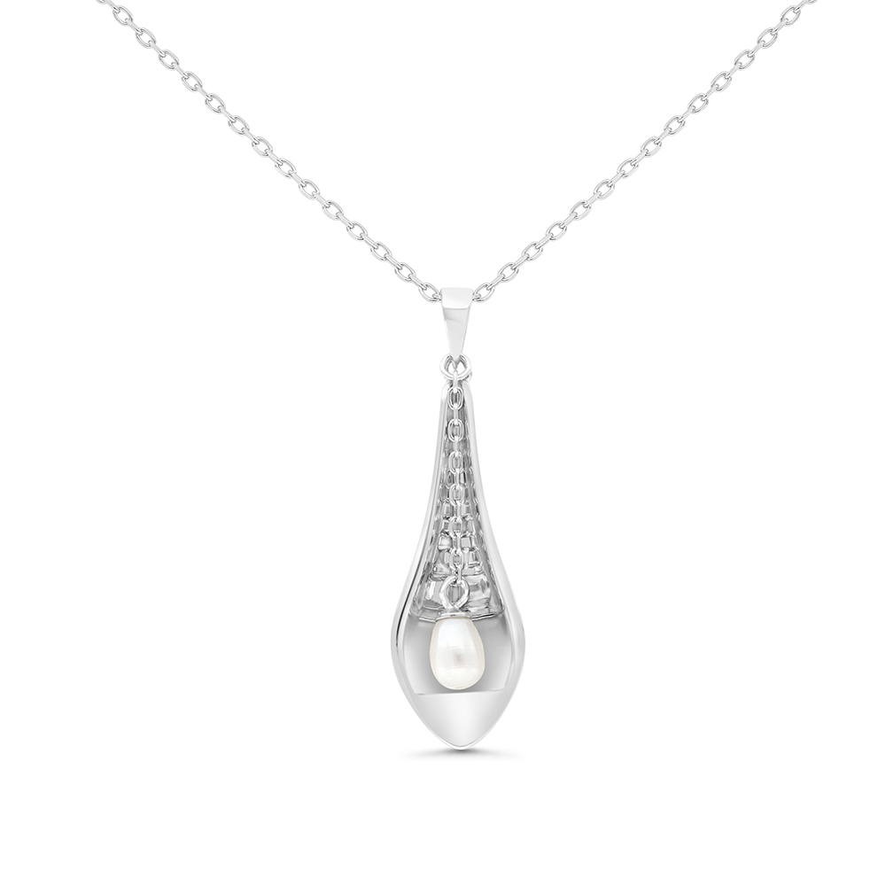 Sterling Silver 925 Necklace Rhodium Plated Embedded With White Shell Pearl