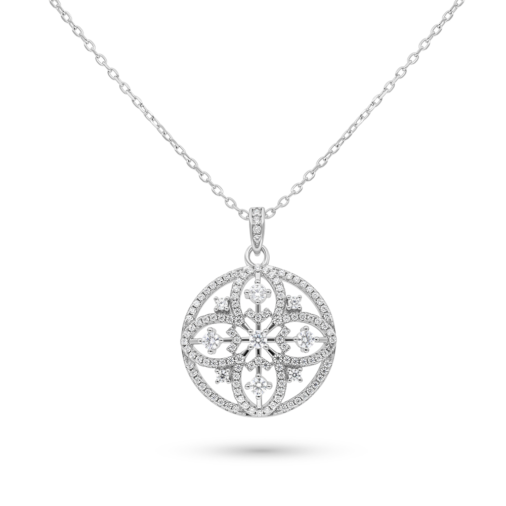 Sterling Silver 925 Necklace Rhodium Plated Embedded With White CZ