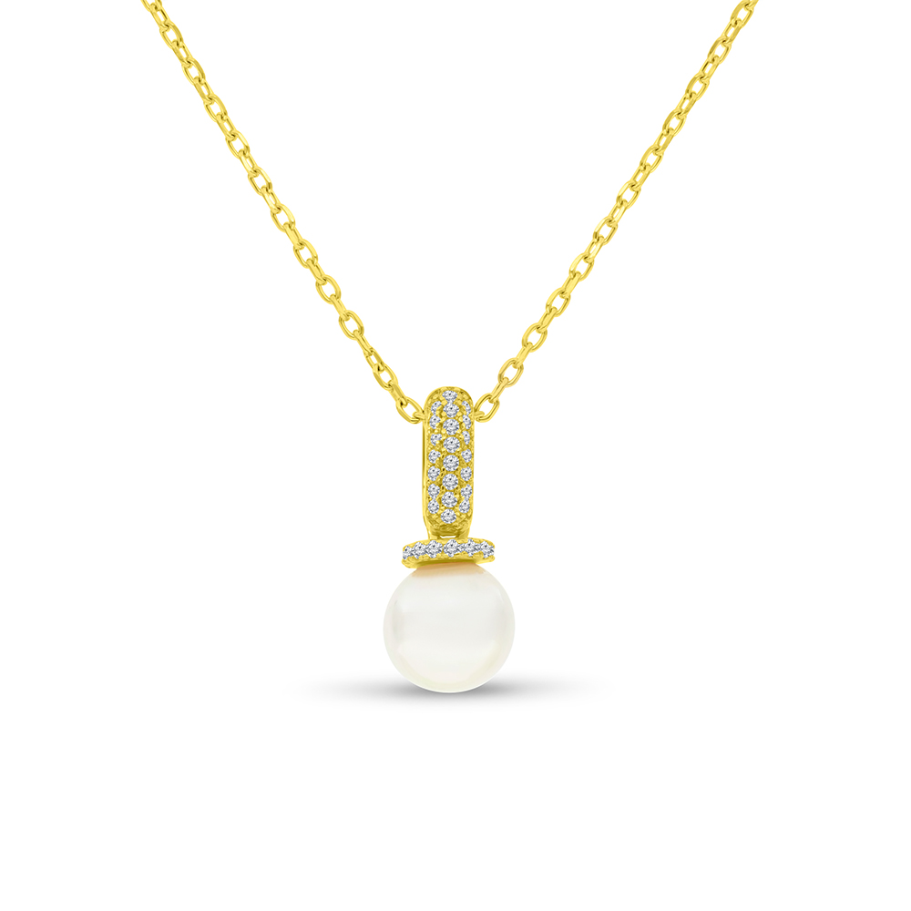 Sterling Silver 925 Necklace Gold Plated Embedded With White Shell Pearl And White CZ