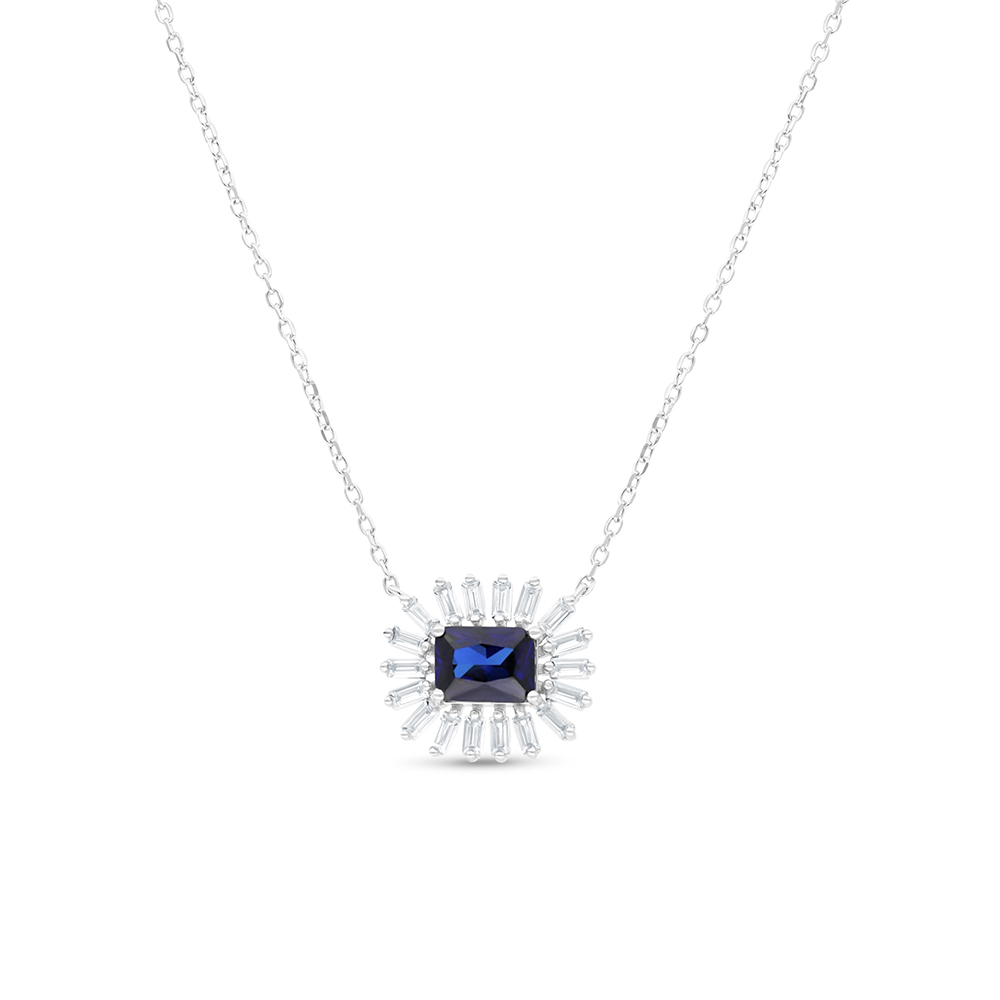 Sterling Silver 925 Necklace Rhodium Plated Embedded With Sapphire Corundum And White CZ