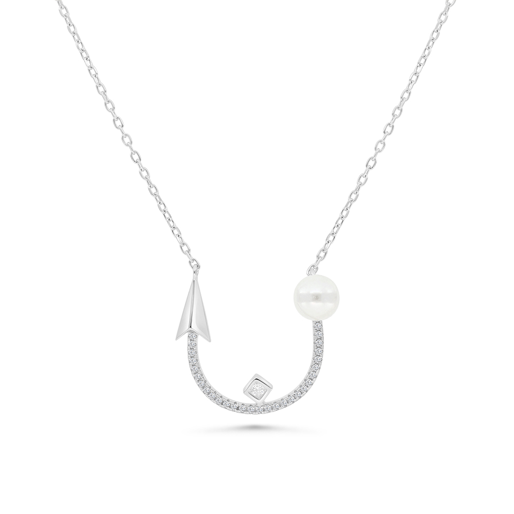 Sterling Silver 925 Necklace Rhodium Plated Embedded With White Shell Pearl And White CZ