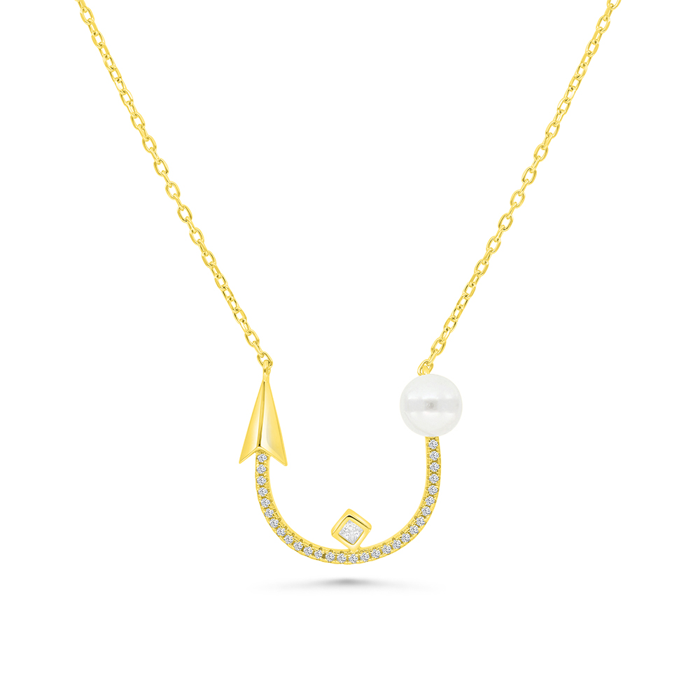 Sterling Silver 925 Necklace Gold Plated Embedded With White Shell Pearl And White CZ