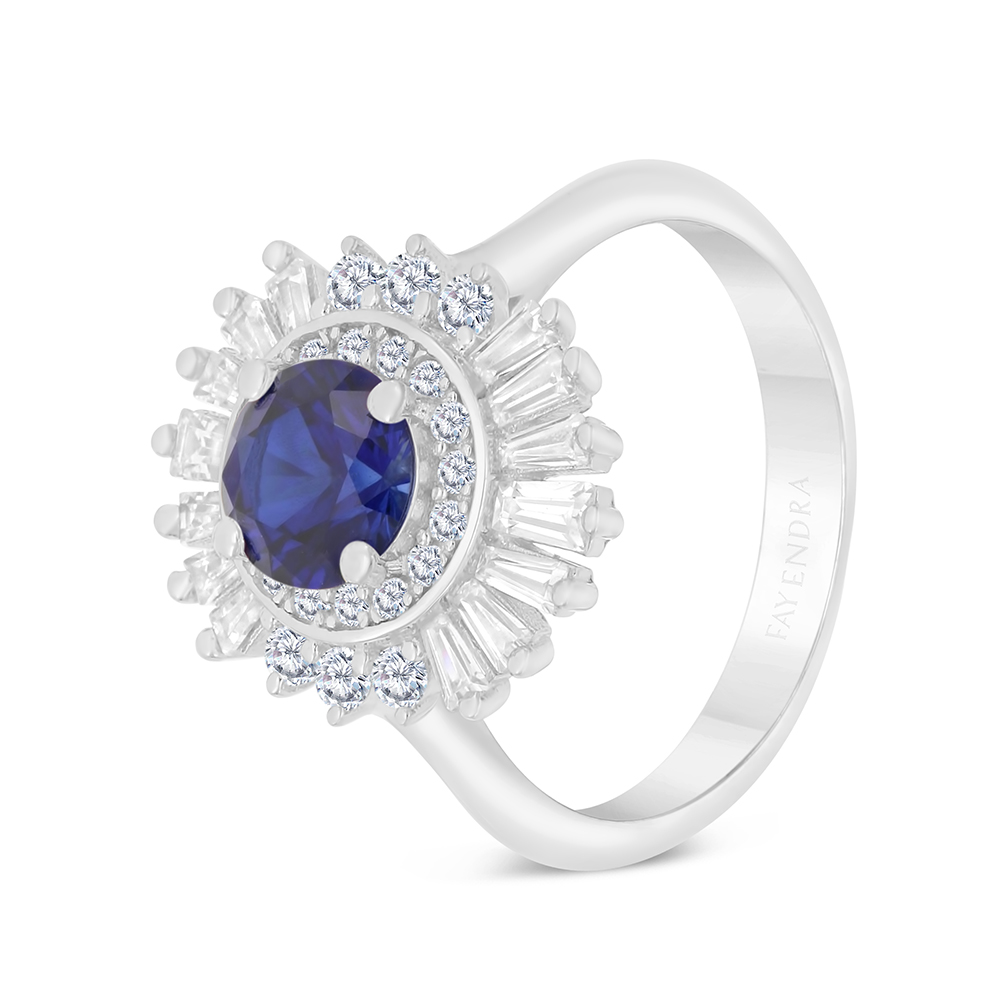 Sterling Silver 925 Ring Rhodium Plated Embedded With Sapphire Corundum And White CZ