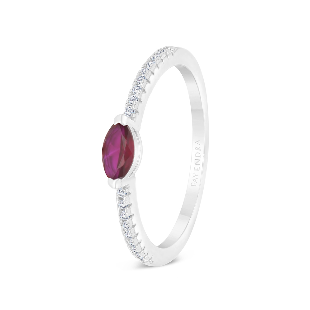 Sterling Silver 925 Ring Rhodium Plated Embedded With Ruby Corundum And White CZ