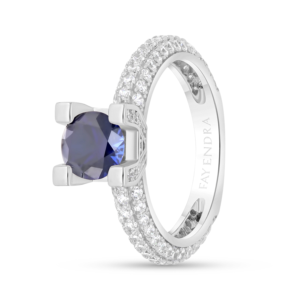 Sterling Silver 925 Ring Rhodium Plated Embedded With Sapphire Corundum And White CZ