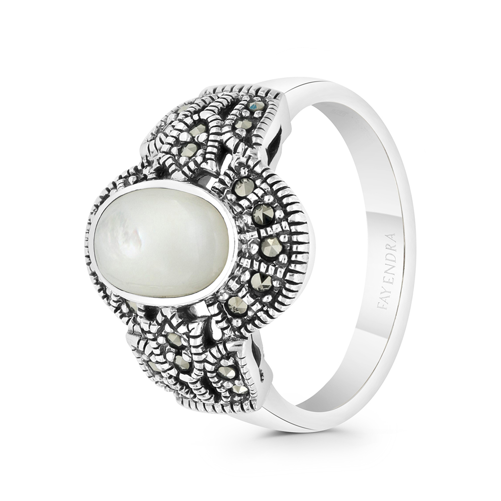 Sterling Silver 925 Ring Embedded With Natural White Shell And Marcasite Stones