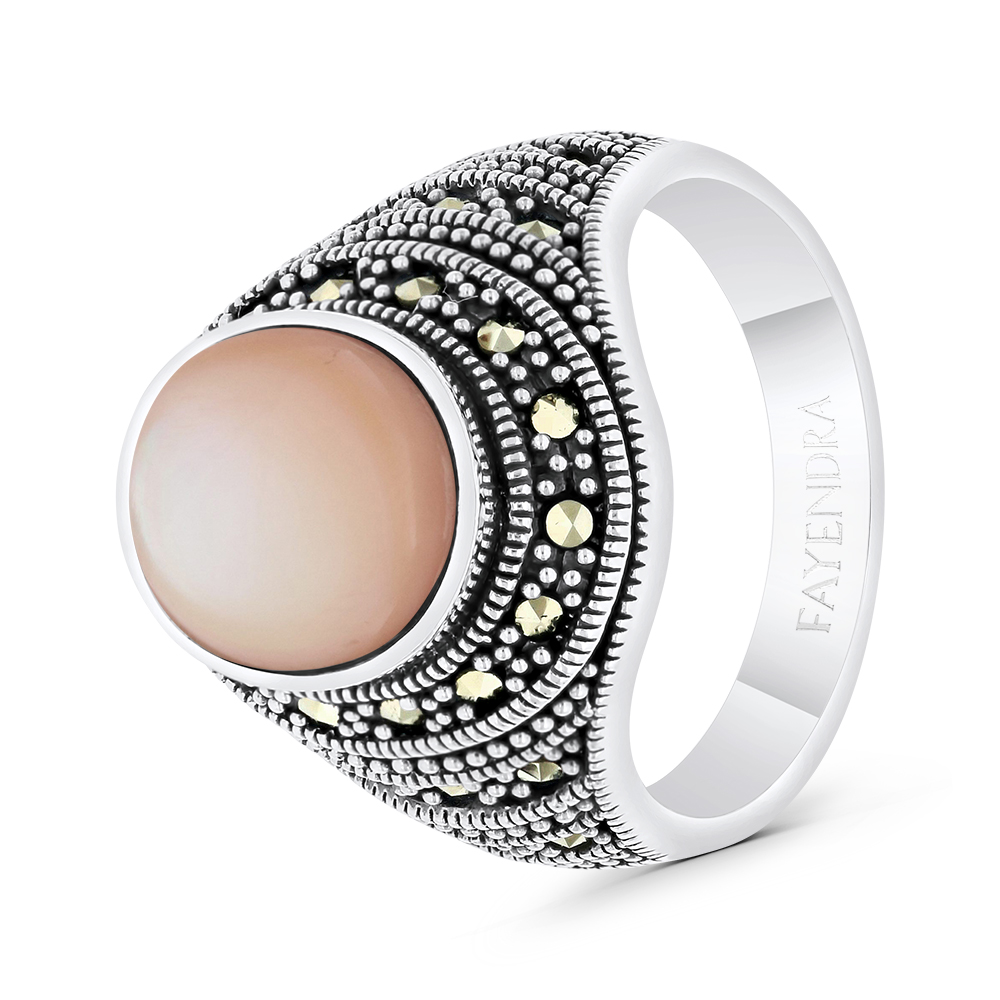 Sterling Silver 925 Ring Embedded With Natural Pink Shell And Marcasite Stones For Men