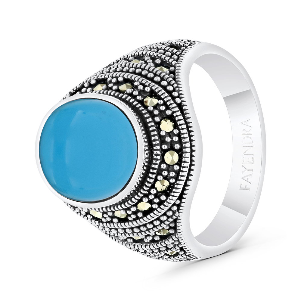 Sterling Silver 925 Ring Embedded With Natural Processed Turquoise And Marcasite Stones For Men