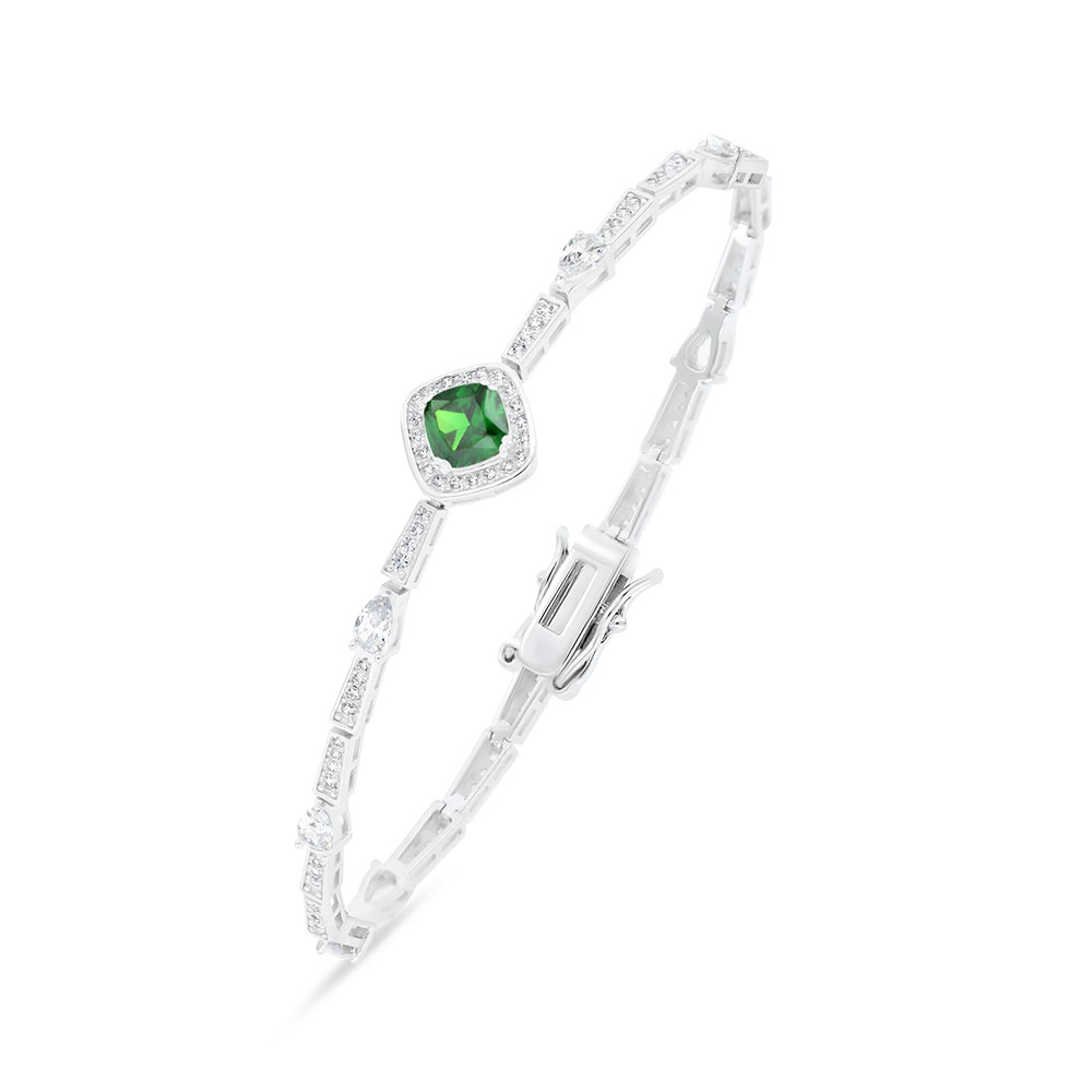 Sterling Silver 925 Bracelet Rhodium Plated Embedded With Emerald Zircon And White CZ