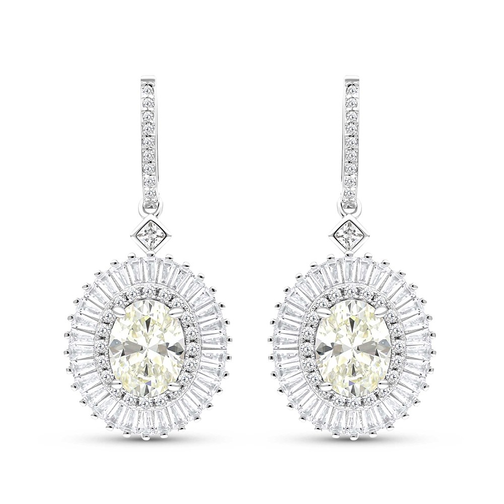 Sterling Silver 925 Earring Rhodium Plated Embedded With Yellow Zircon And White CZ