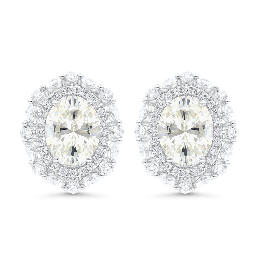 Sterling Silver 925 Earring Rhodium Plated Embedded With Yellow Zircon And White CZ