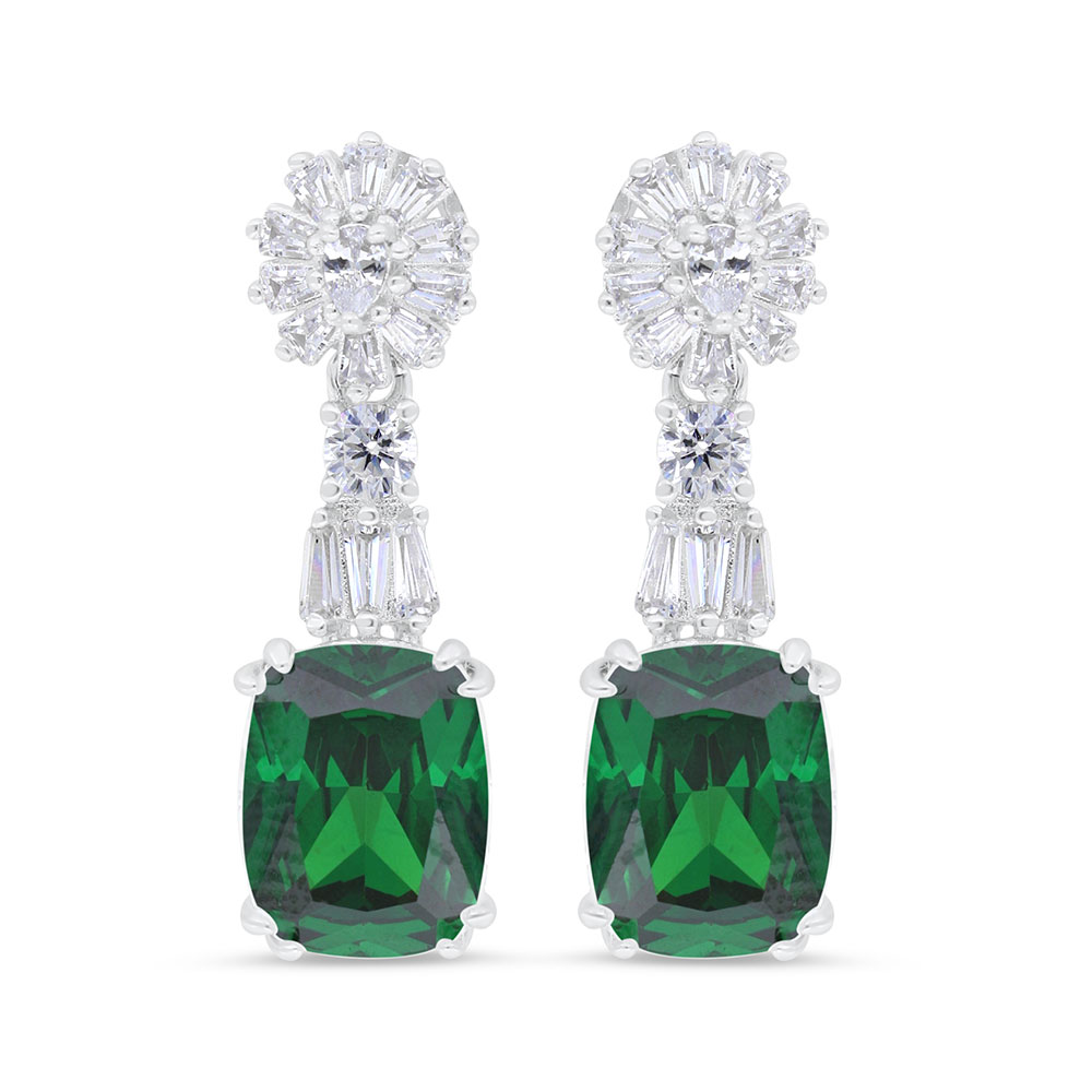 Sterling Silver 925 Earring Rhodium Plated Embedded With Emerald Zircon And White CZ