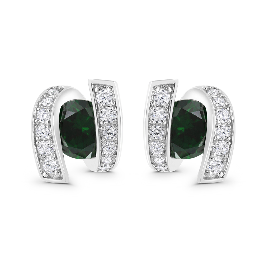 Sterling Silver 925 Earring Rhodium Plated Embedded With Emerald Zircon And White CZ