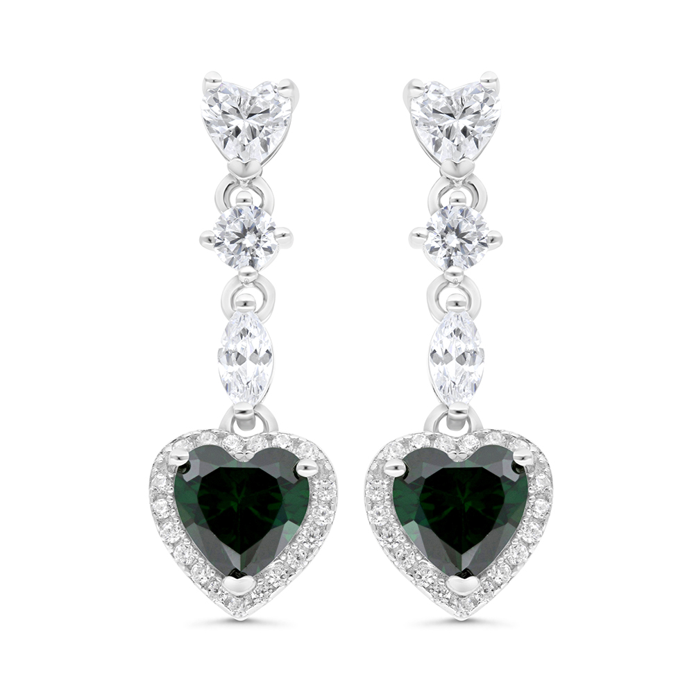 Sterling Silver 925 Earring Rhodium Plated Embedded With Emerald Zircon And White CZ