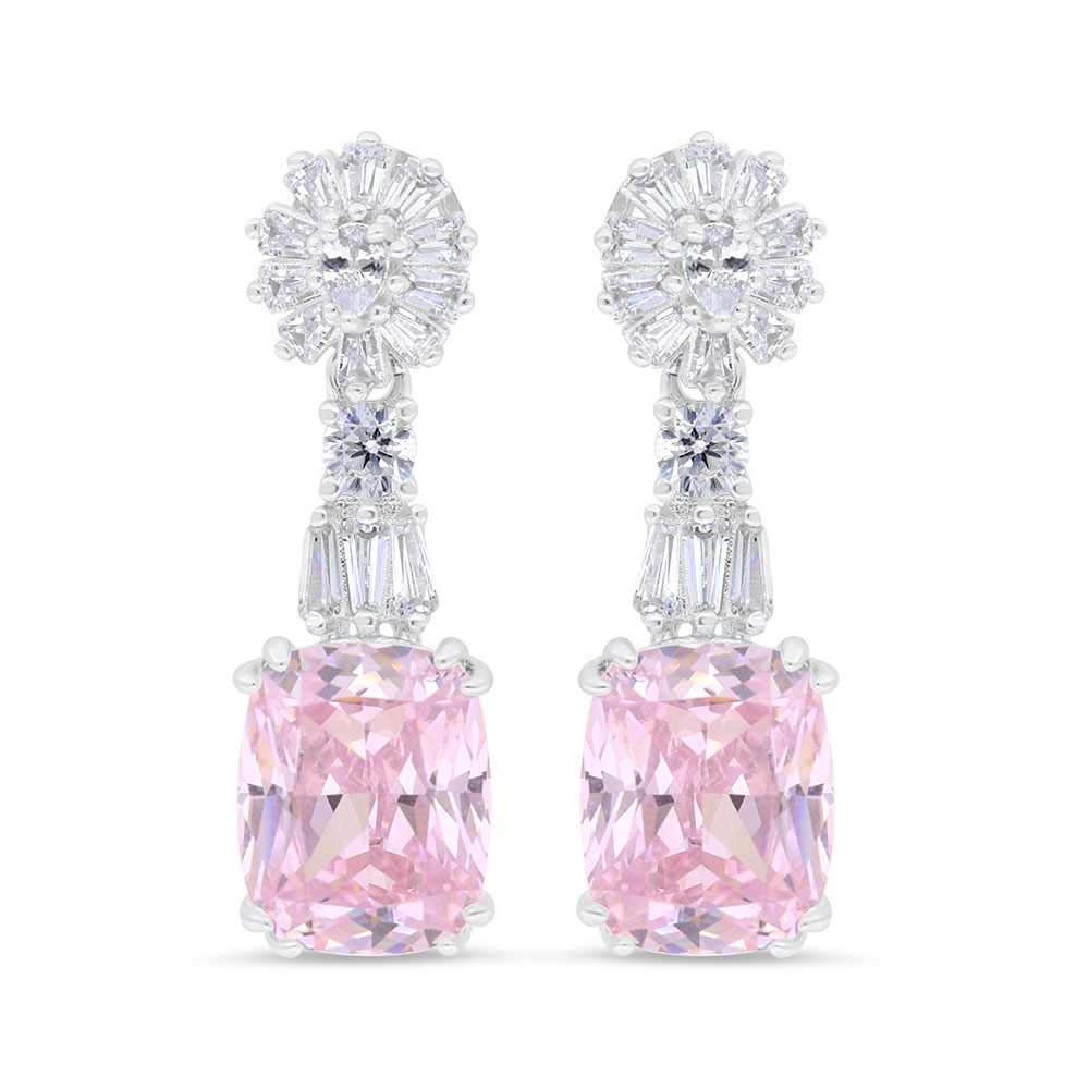 Sterling Silver 925 Earring Rhodium Plated Embedded With Pink Zircon And White CZ