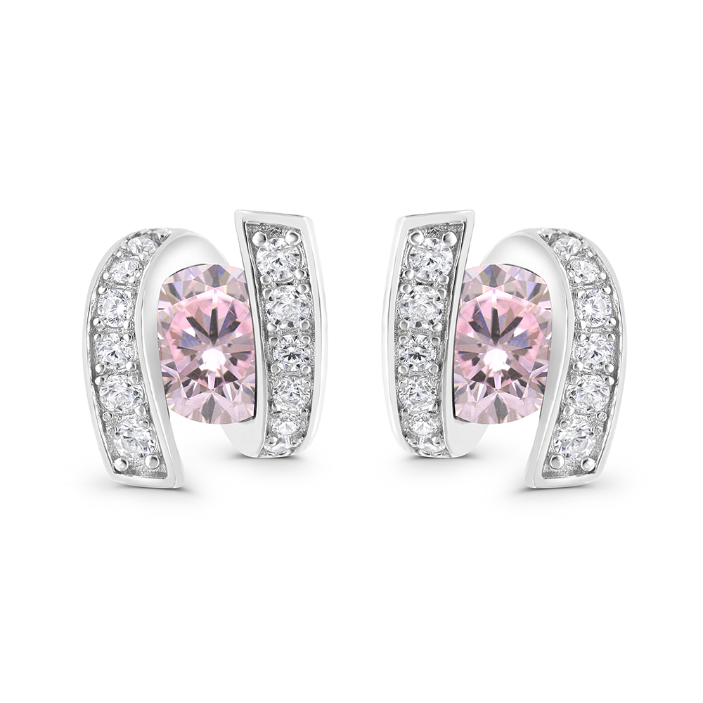 Sterling Silver 925 Earring Rhodium Plated Embedded With Pink Zircon And White CZ