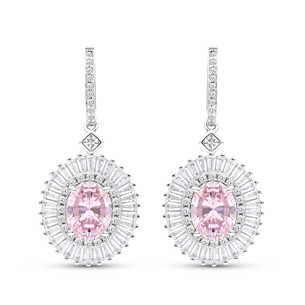 Sterling Silver 925 Earring Rhodium Plated Embedded With Pink Zircon And White CZ