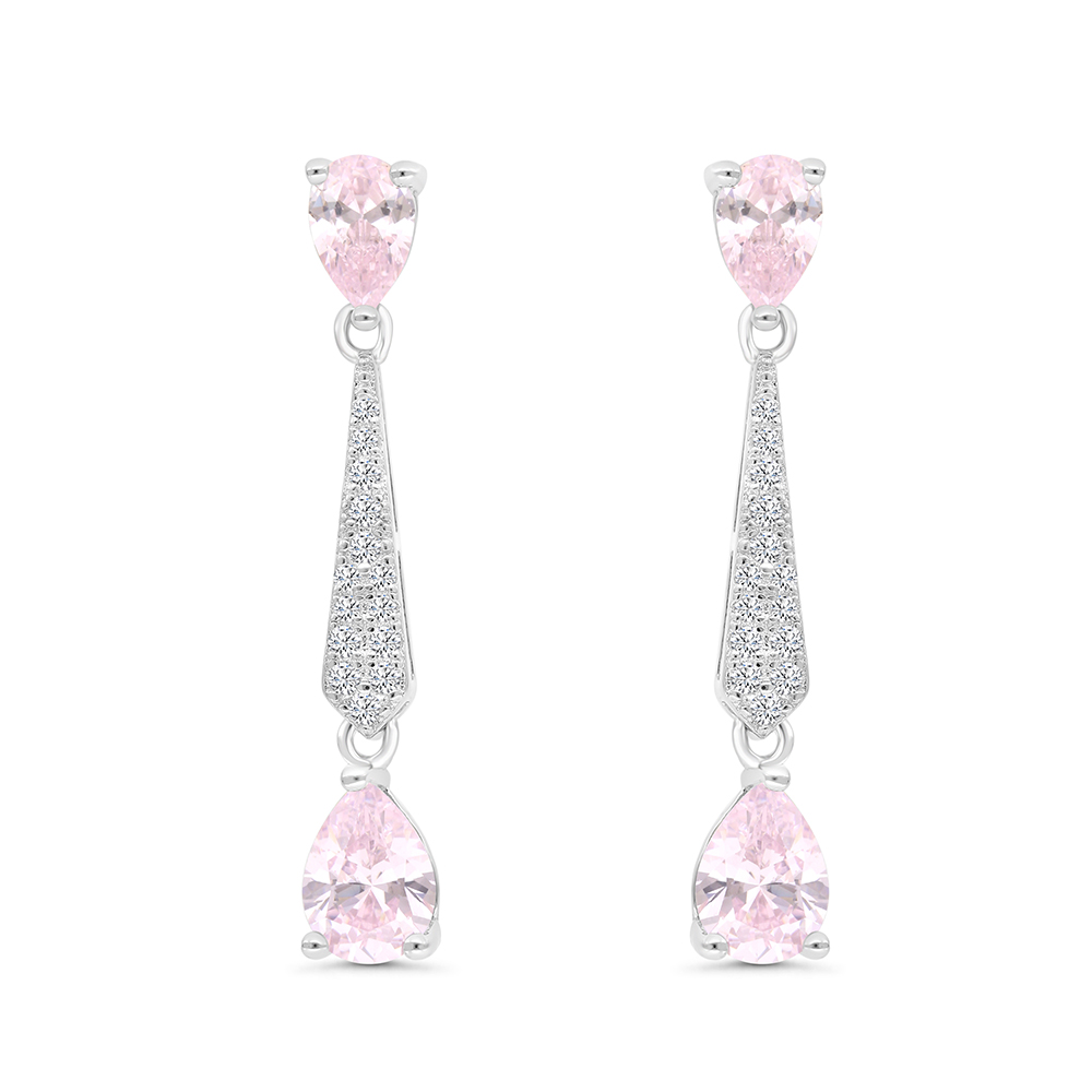 Sterling Silver 925 Earring Rhodium Plated Embedded With Pink Zircon And White CZ